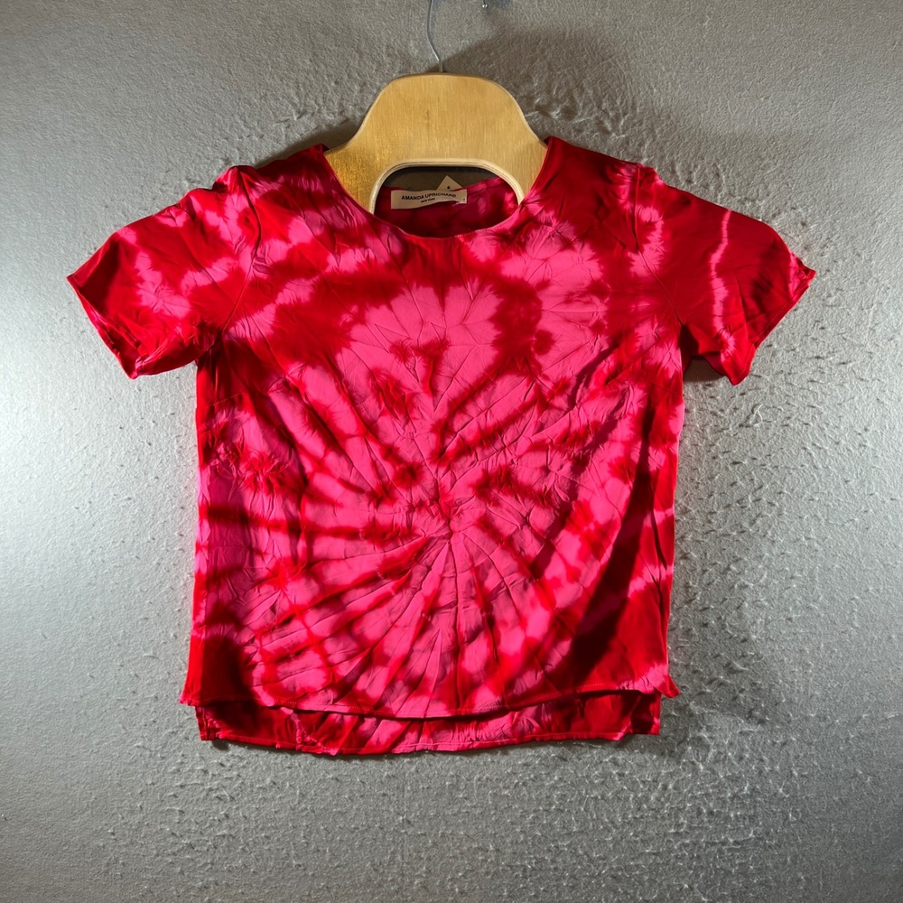 1451 | NWT Amanda Uprichard Tie Dye Satin Short Sleeve Top Pink Red Petite Small